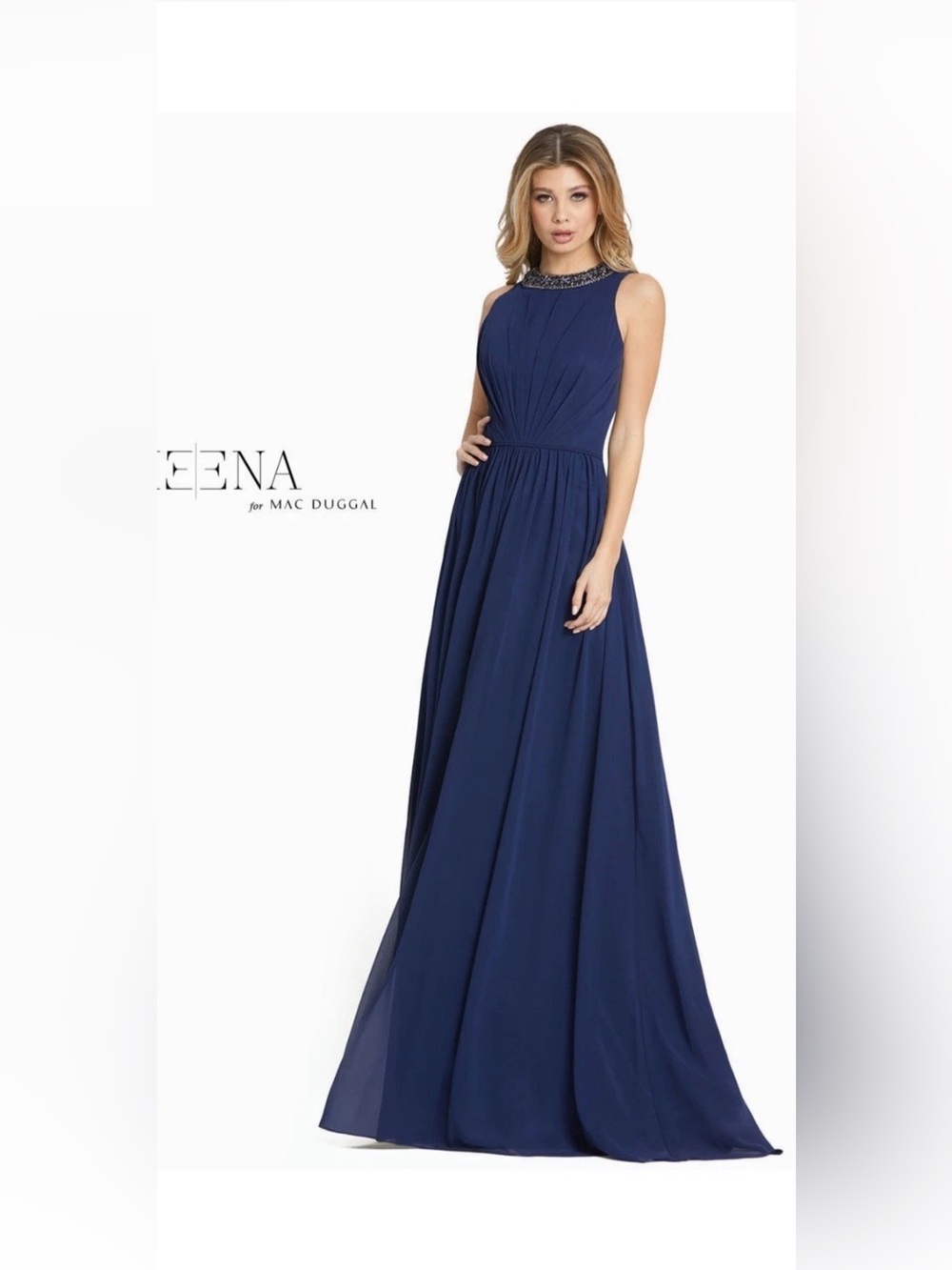 Mac Duggal Navy Beaded High-Neck Maxi Gown